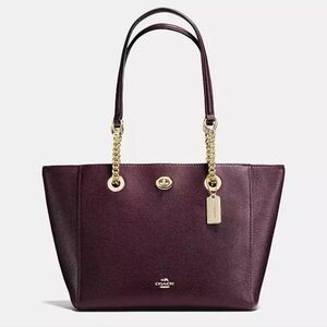 COACH Turnlock Chain Tote 27 Oxblood Pebbled Leather With Dustbag